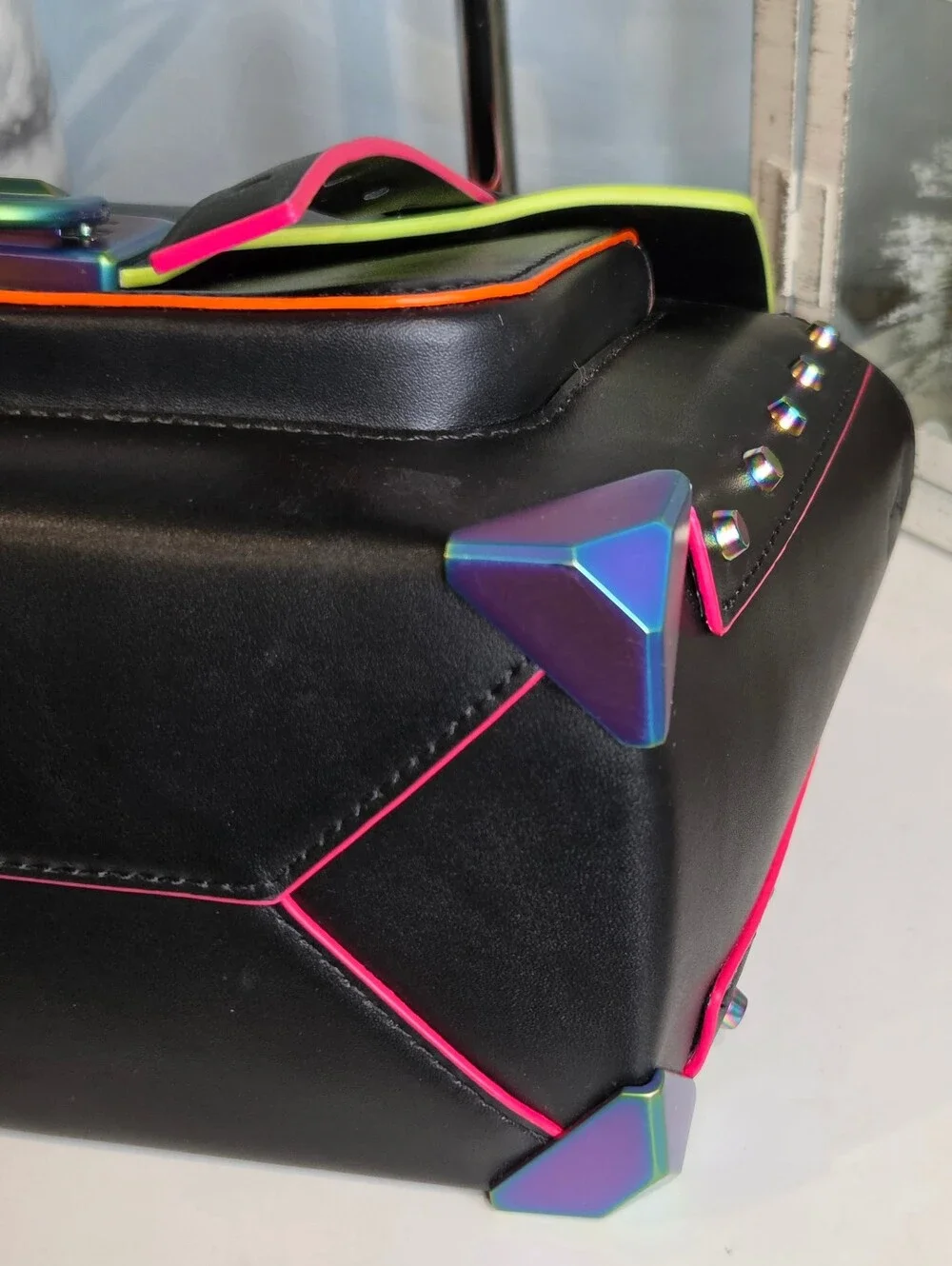 Michael Kors Manhattan Medium Black Leather Satchel Neon Oil Slick
